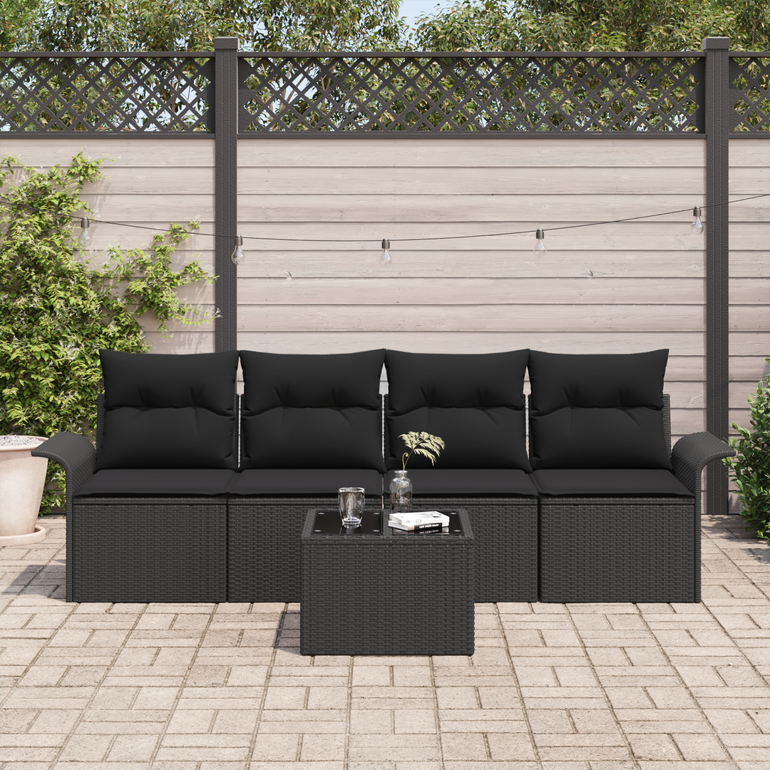 Havesofa Sæt med pude med opbevaring 5 pcs Sort polyrattan