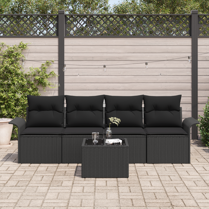 Havesofa Sæt med pude med opbevaring 5 pcs Sort polyrattan