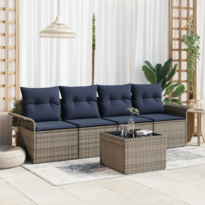 Havesofa Sæt med pude 5 pcs Grå og Marineblå polyrattan