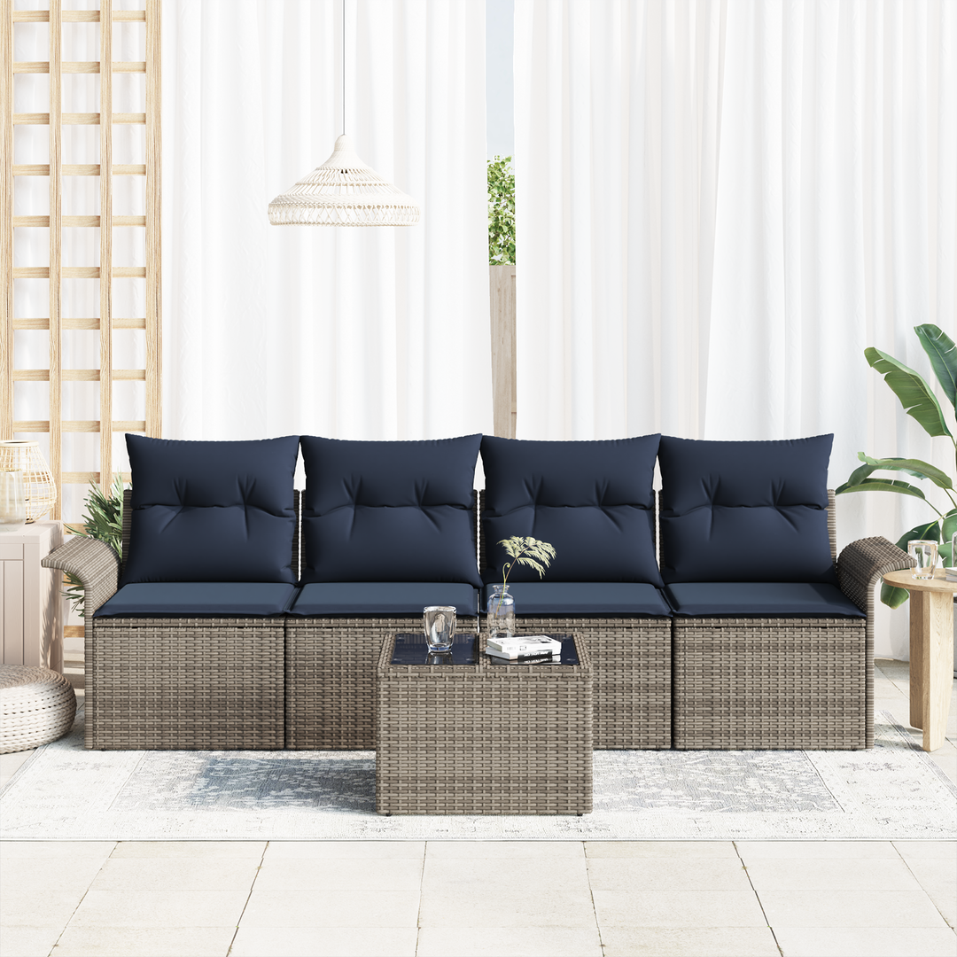 Havesofa Sæt med pude 5 pcs Grå og Marineblå polyrattan