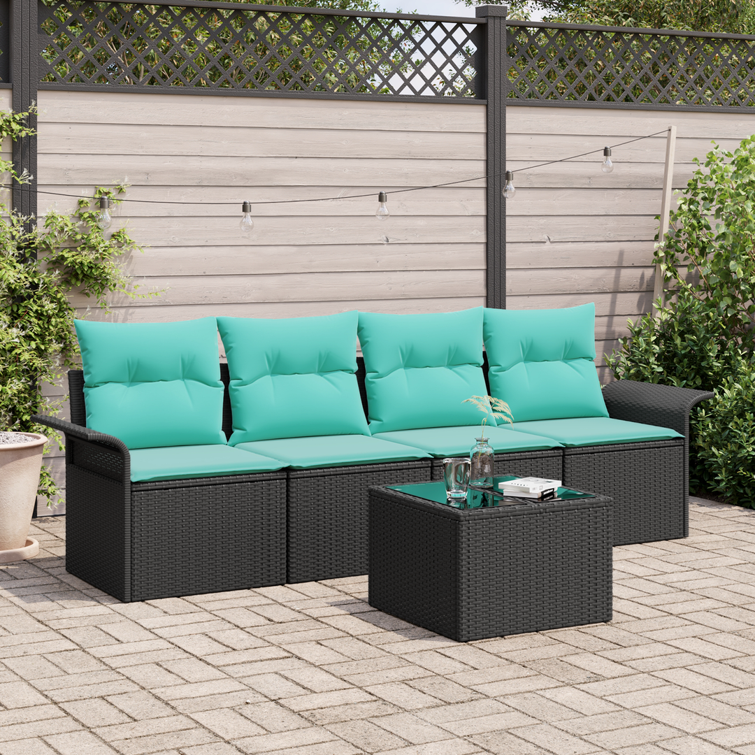 Havesofa Sæt med pude 5 pcs Sort og turkis polyrattan