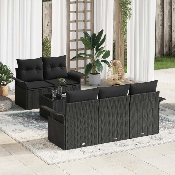 Havesofa Sæt med pude 6 pcs Sort Polyrattan og stål og glas