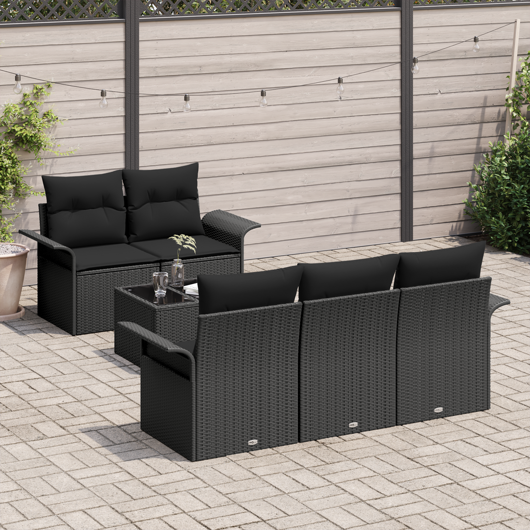 Havesofa Sæt med pude 6 pcs Sort Polyrattan og stål og glas