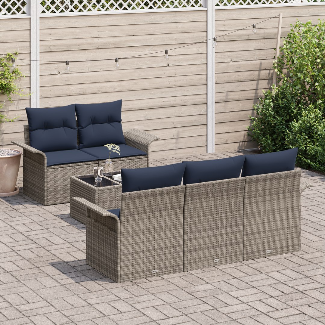 Havesofa Sæt med pude 6 pcs Grå og Marineblå polyrattan