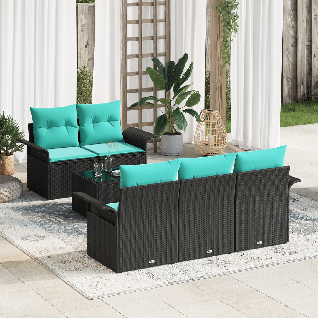 Havesofa Sæt med pude 6 pcs Sort og turkis polyrattan