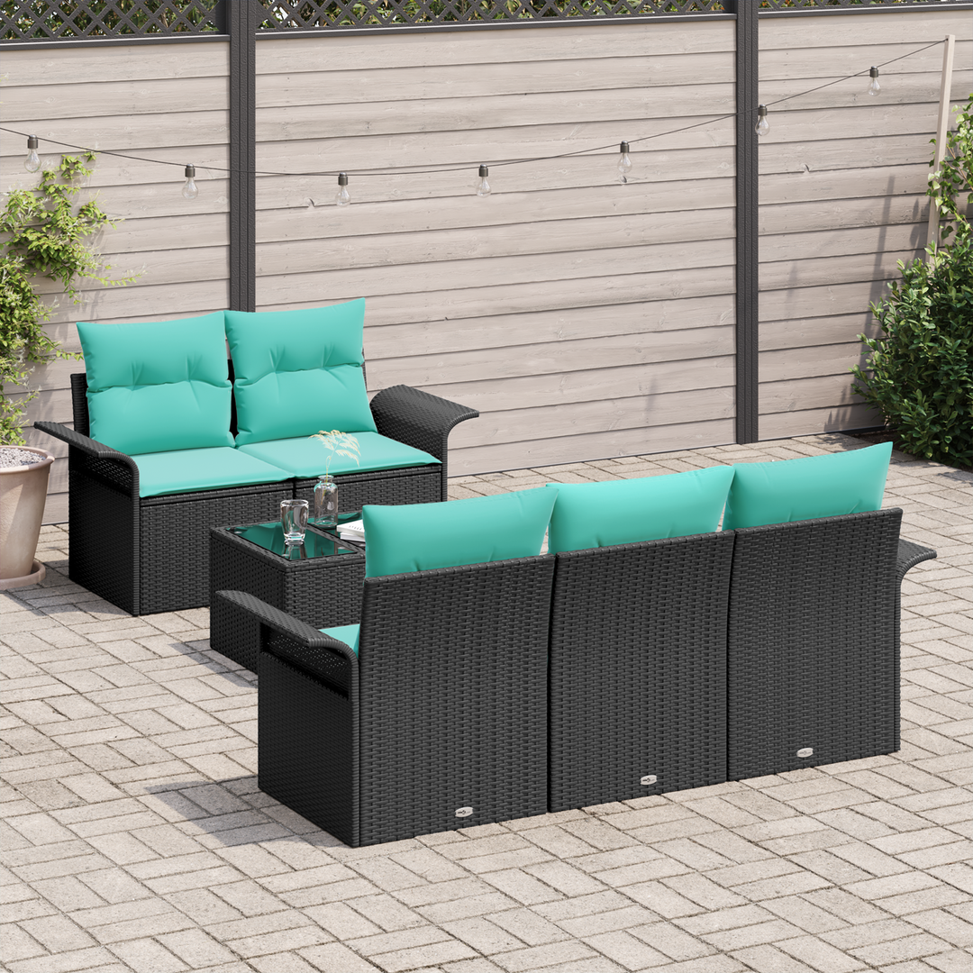 Havesofa Sæt med pude 6 pcs Sort og turkis polyrattan