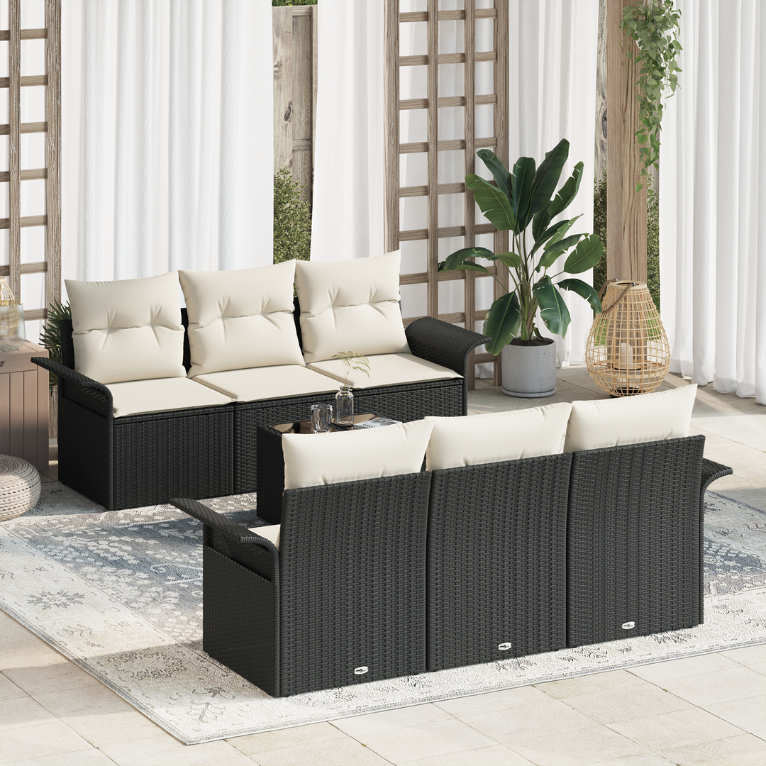 Havesofa Sæt med pude 7 pcs Sort og Cream polyrattan