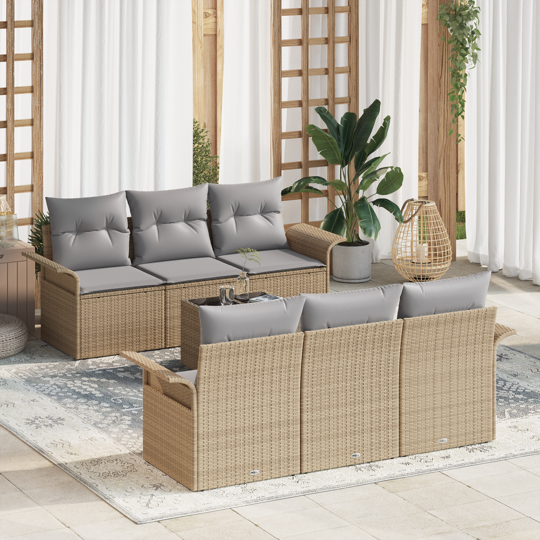 Havesofa Sæt med pude 7 pcs Beige og grå polyrattan