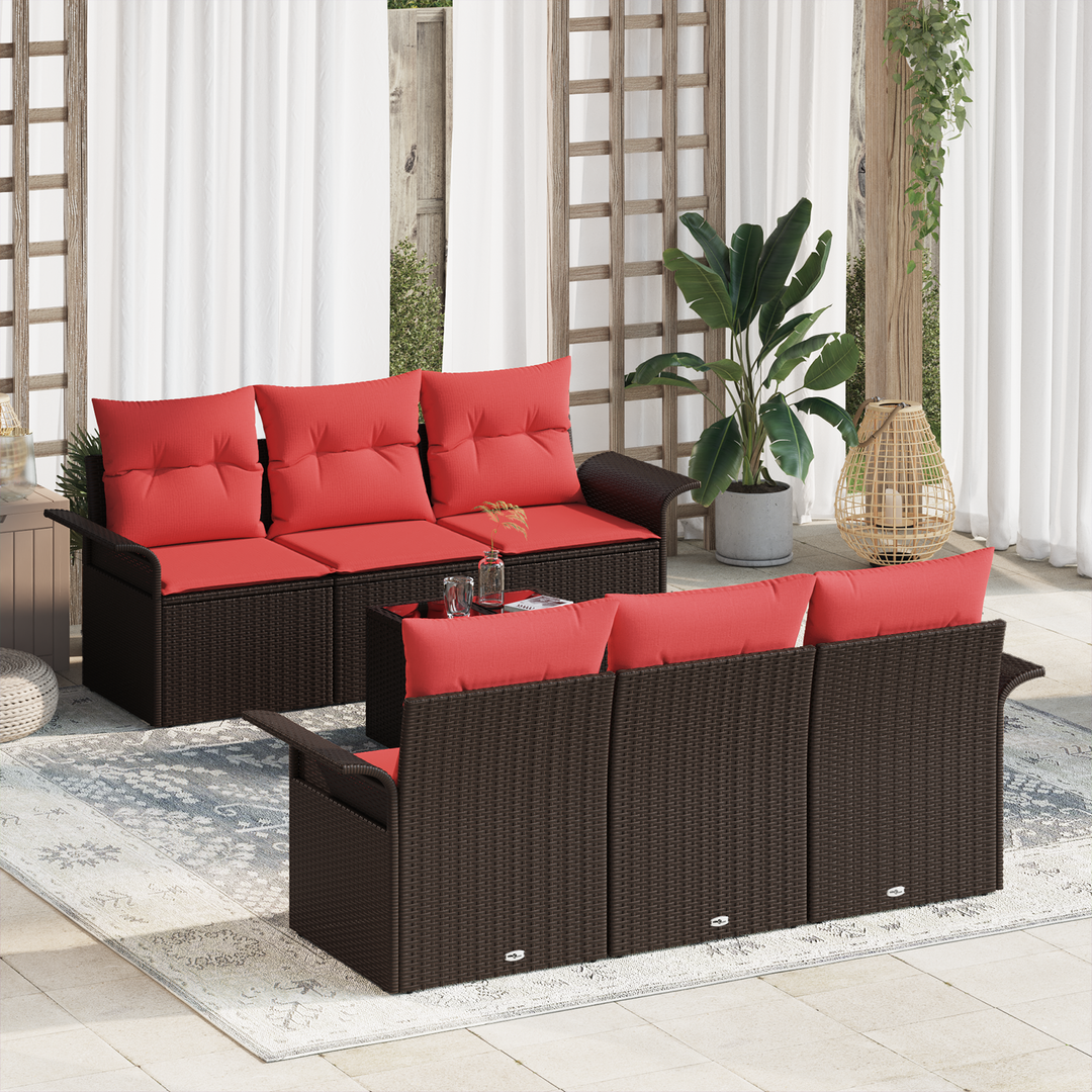 Havesofa Sæt 7 pcs Beige Rød Polyrattan og stål og glas