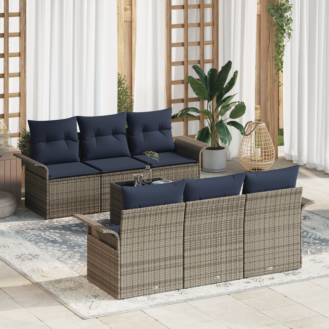 Havesofa Sæt 7 pcs Grå og Marineblå Polyrattan og stål og glas