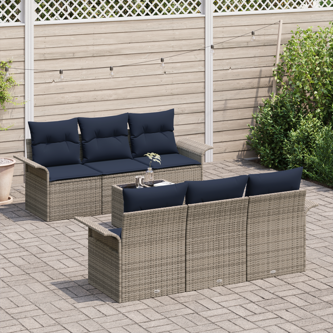 Havesofa Sæt 7 pcs Grå og Marineblå Polyrattan og stål og glas