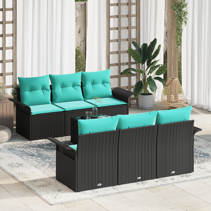 Havesofa Sæt 7 pcs Sort og turkis Polyrattan og stål og glas