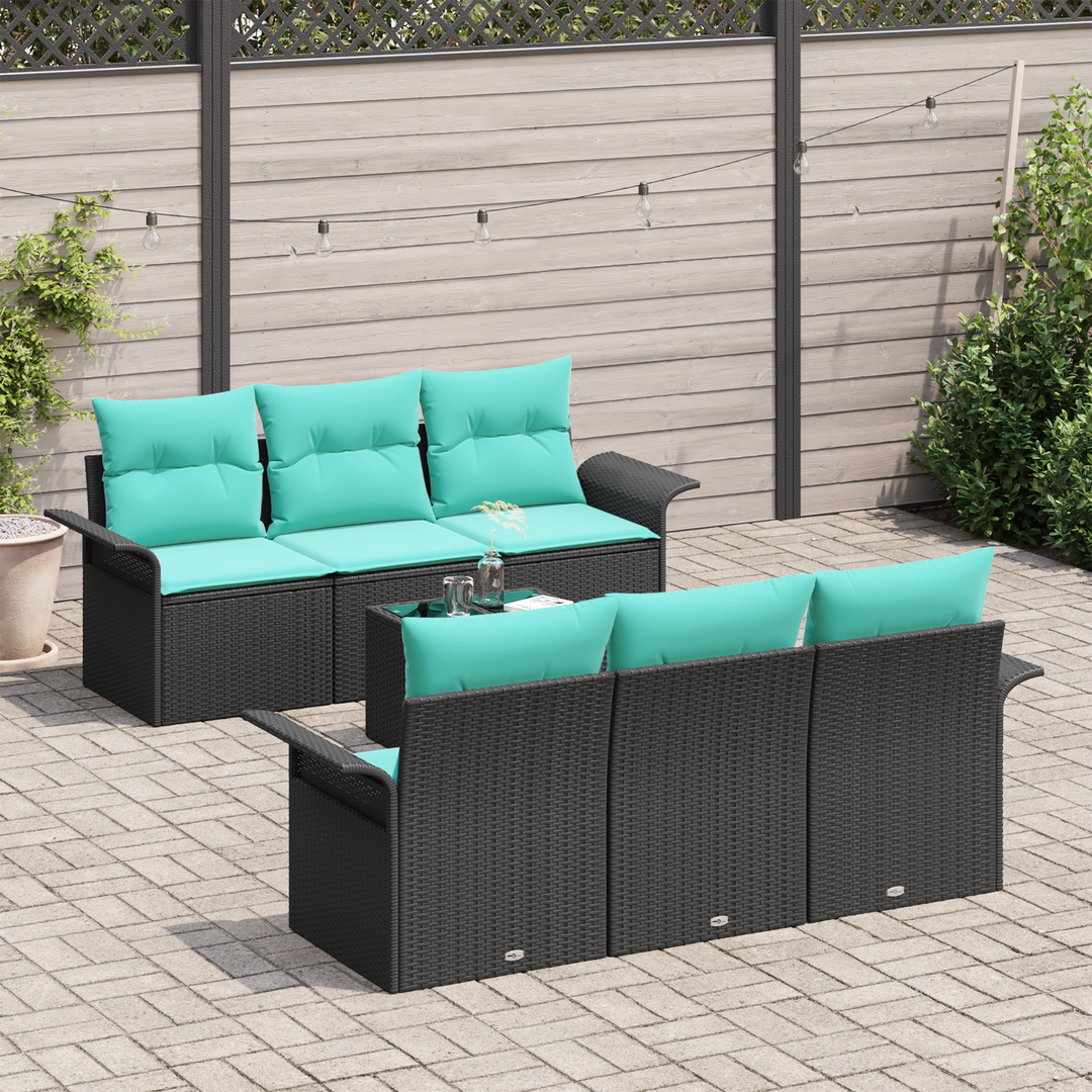Havesofa Sæt 7 pcs Sort og turkis Polyrattan og stål og glas