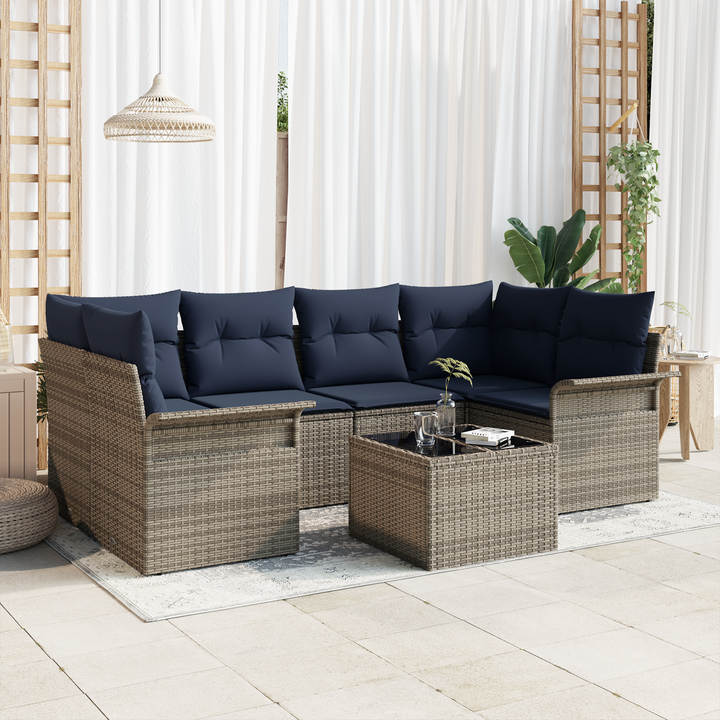 Havesofa Sæt med pude 7 pcs Grå og Marineblå polyrattan