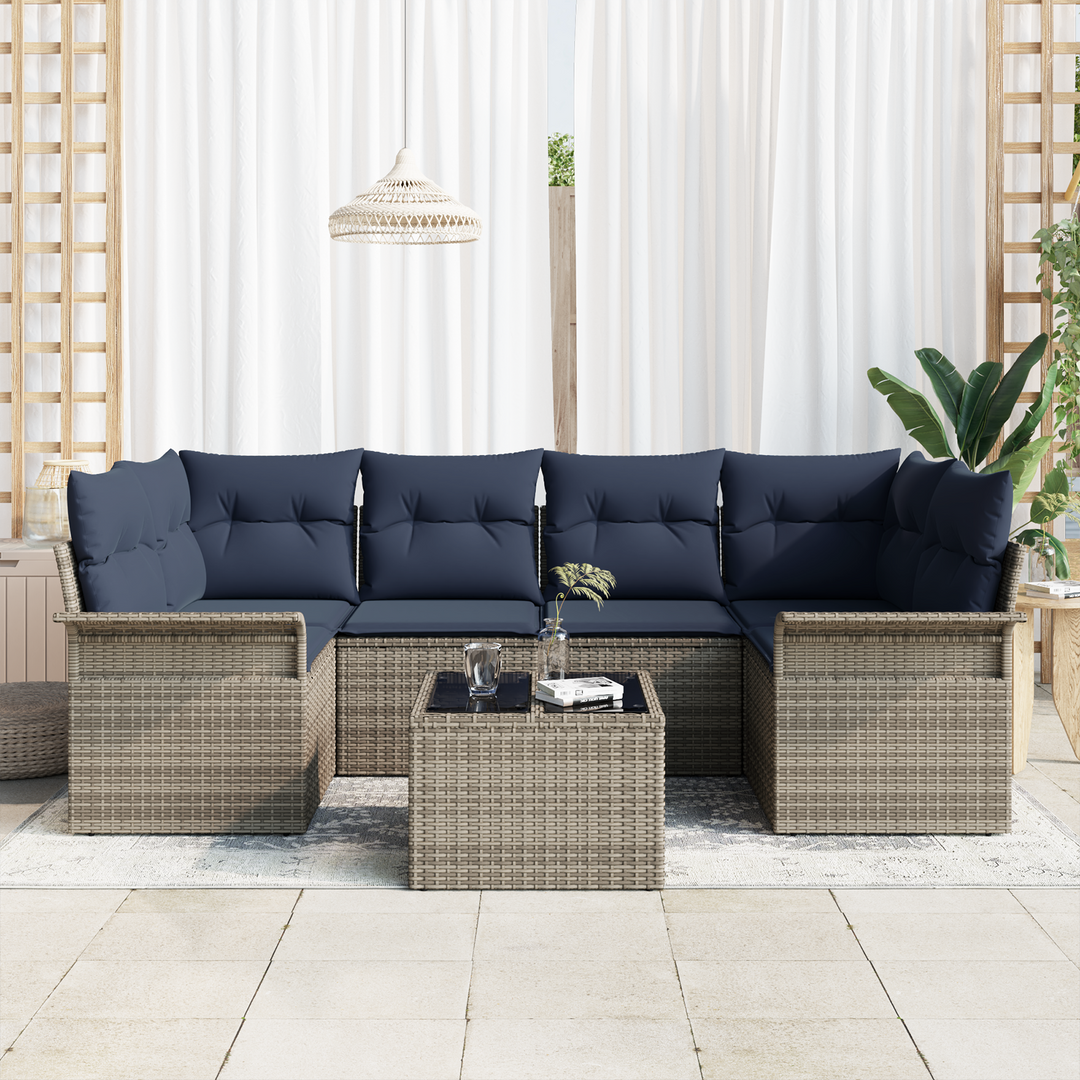 Havesofa Sæt med pude 7 pcs Grå og Marineblå polyrattan