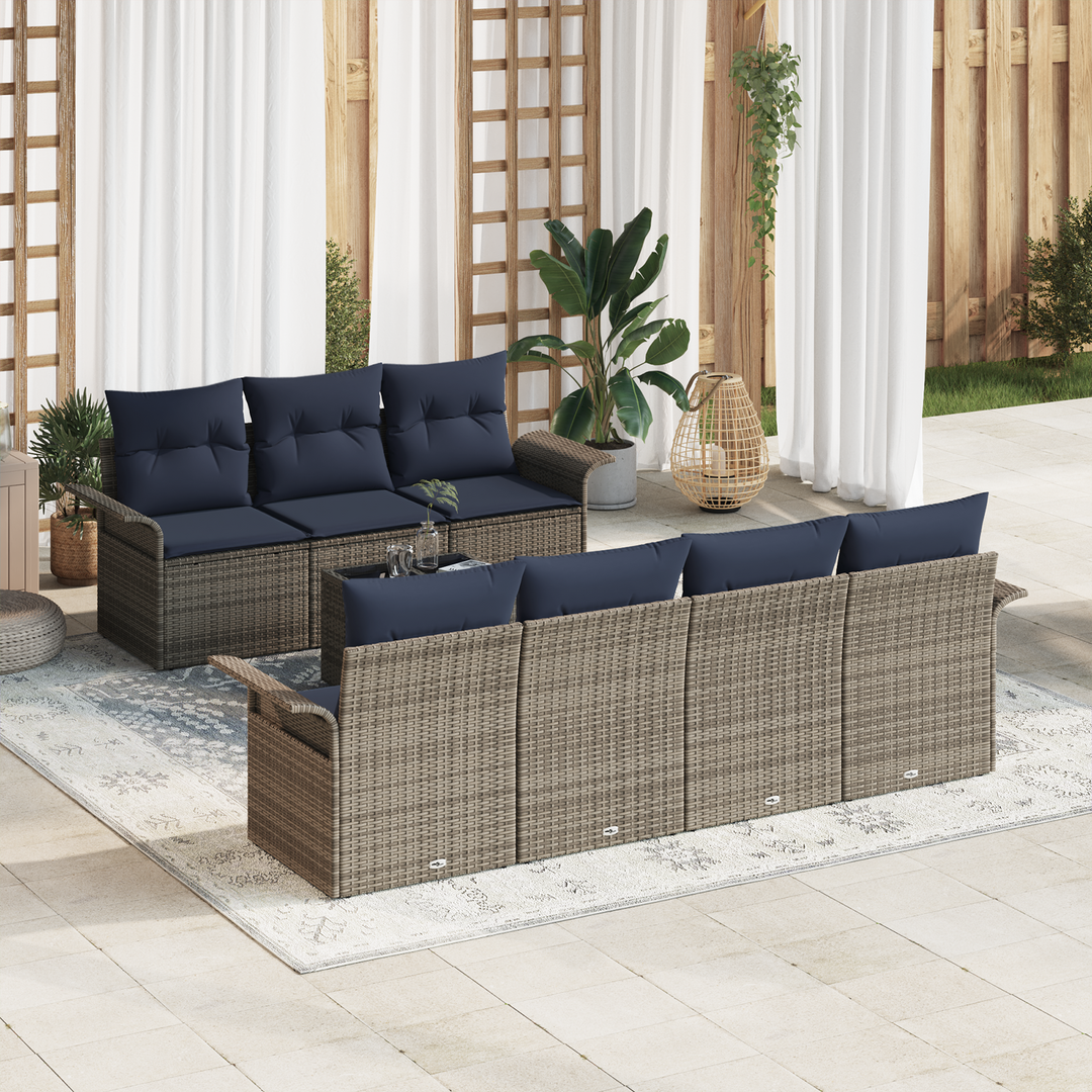 Havesofa Sæt med pude 8 pcs Grå og Marineblå polyrattan
