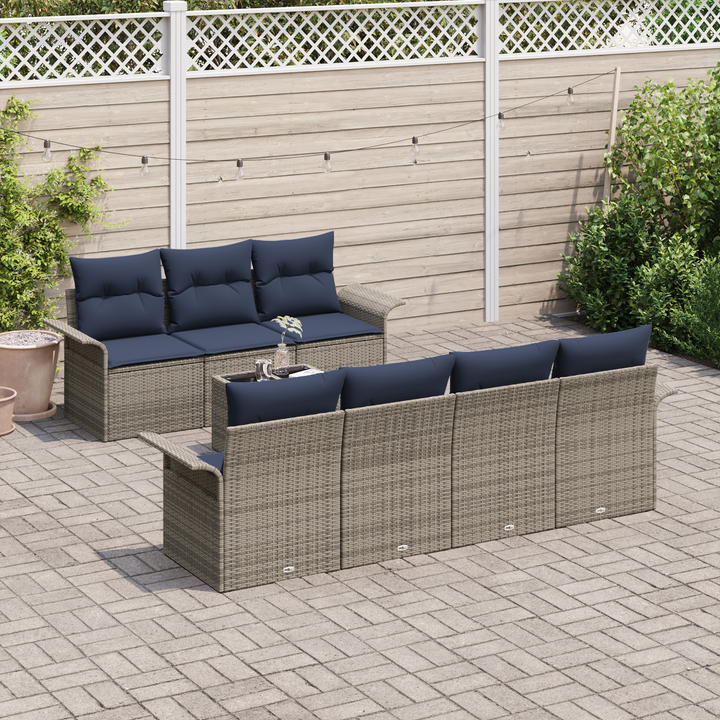 Havesofa Sæt med pude 8 pcs Grå og Marineblå polyrattan