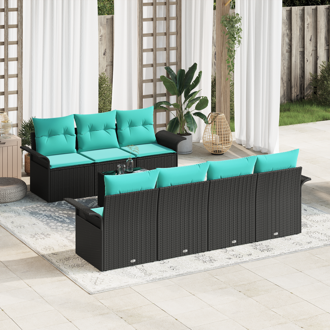 Havesofa Sæt med pude 8 pcs Sort og turkis polyrattan