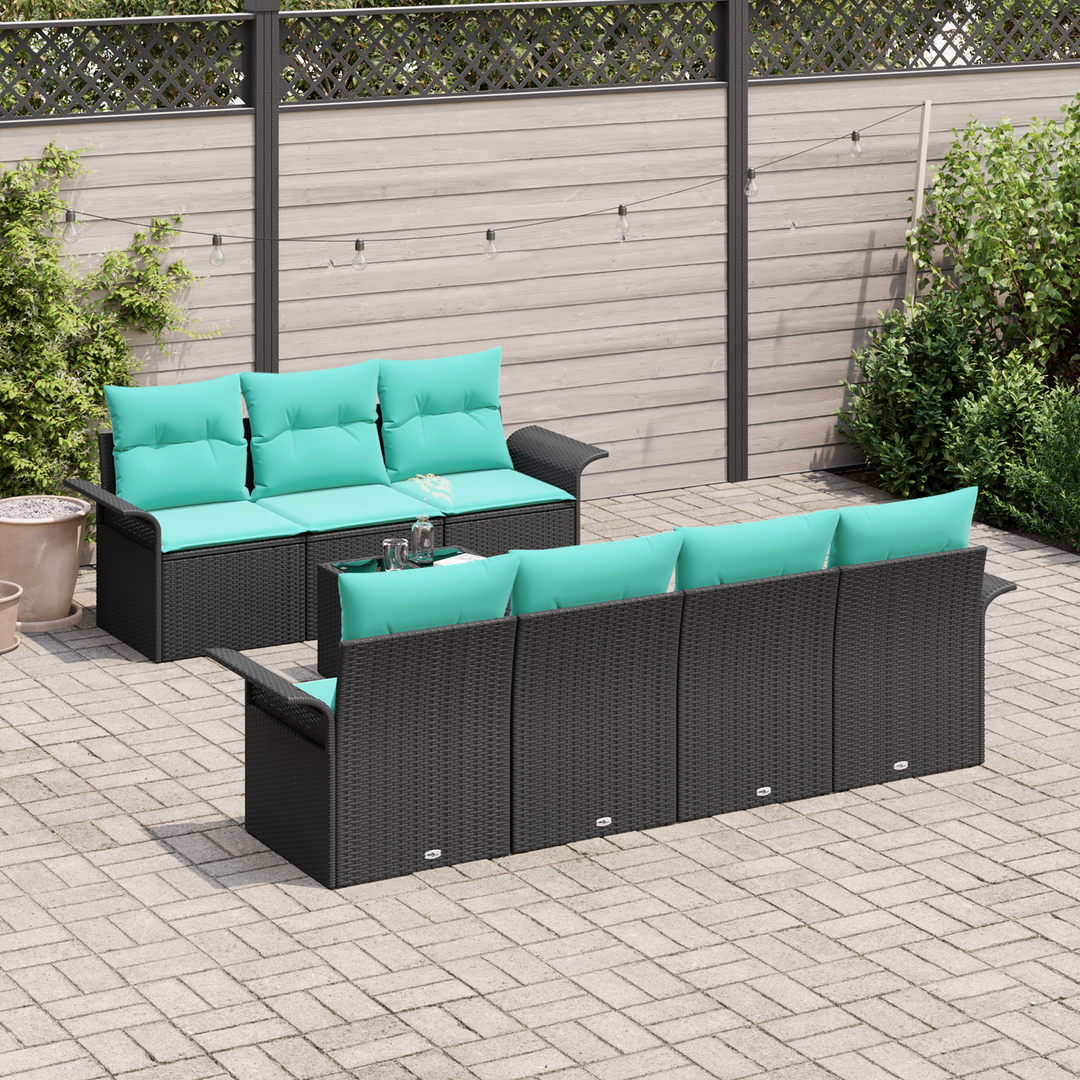 Havesofa Sæt med pude 8 pcs Sort og turkis polyrattan
