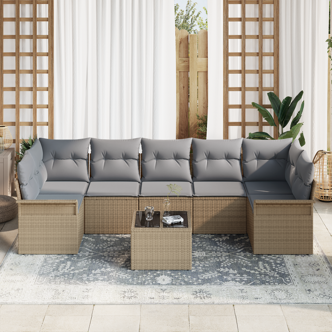 Havesofa Sæt med pude 8 pcs Beige og grå polyrattan