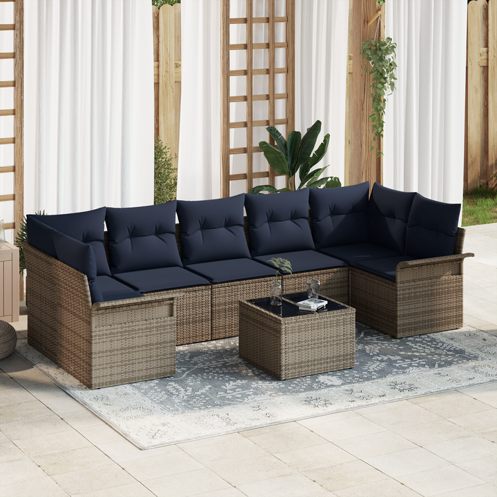 Havesofa Sæt med pude 8 pcs Grå og Marineblå polyrattan