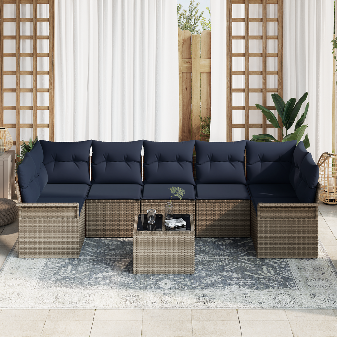 Havesofa Sæt med pude 8 pcs Grå og Marineblå polyrattan
