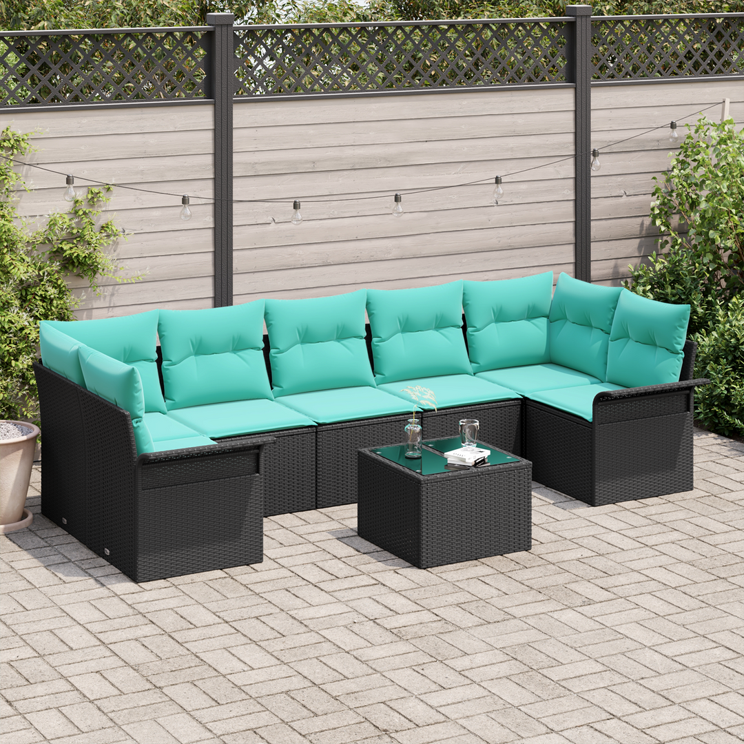 Havesofa Sæt med pude 8 pcs Sort og turkis polyrattan