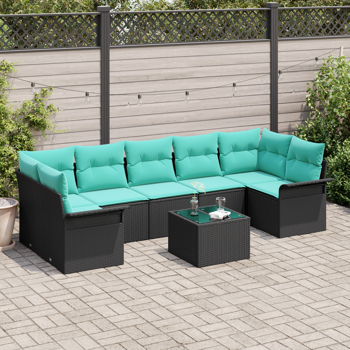 Havesofa Sæt med pude 8 pcs Sort og turkis polyrattan