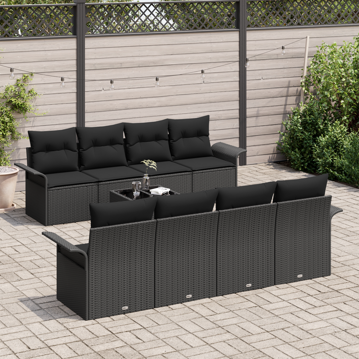 Havesofa Sæt med pude med opbevaring 9 pcs Sort polyrattan
