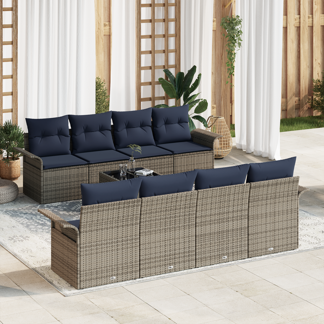 Havesofa Sæt med pude 9 pcs Grå og Marineblå polyrattan