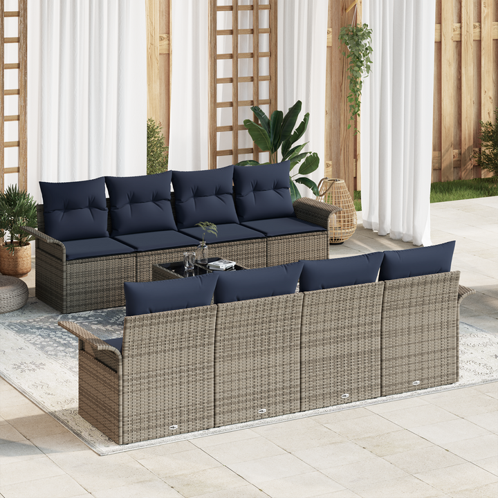 Havesofa Sæt med pude 9 pcs Grå og Marineblå polyrattan