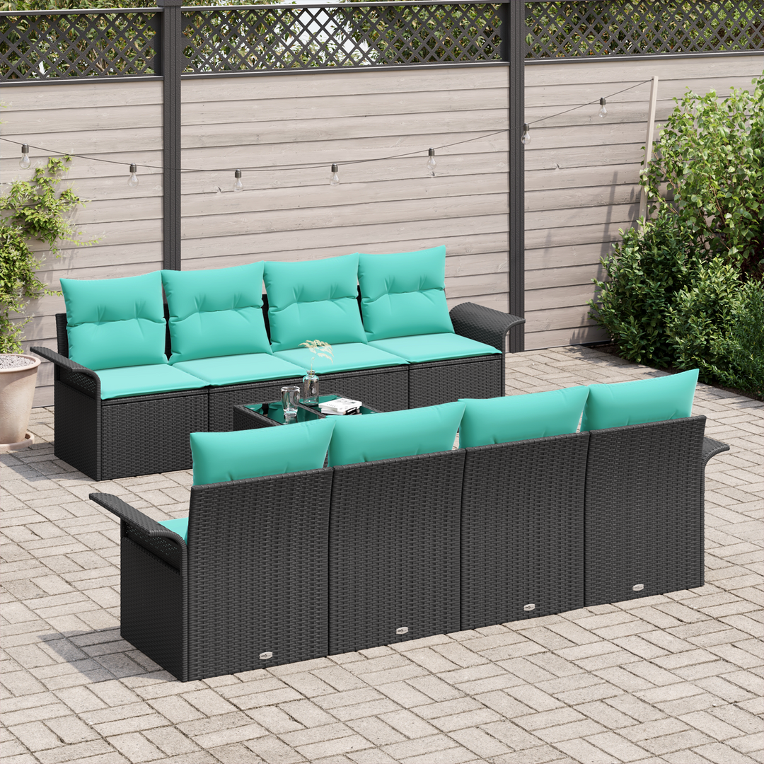 Havesofa Sæt med pude 9 pcs Sort og turkis polyrattan