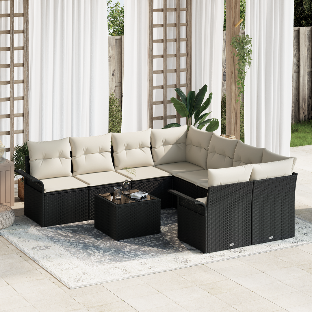 Havesofa Sæt med pude 9 pcs Sort og Cream polyrattan