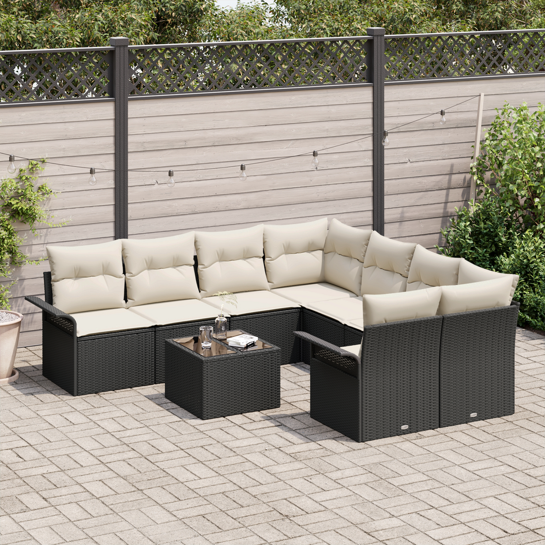 Havesofa Sæt med pude 9 pcs Sort og Cream polyrattan