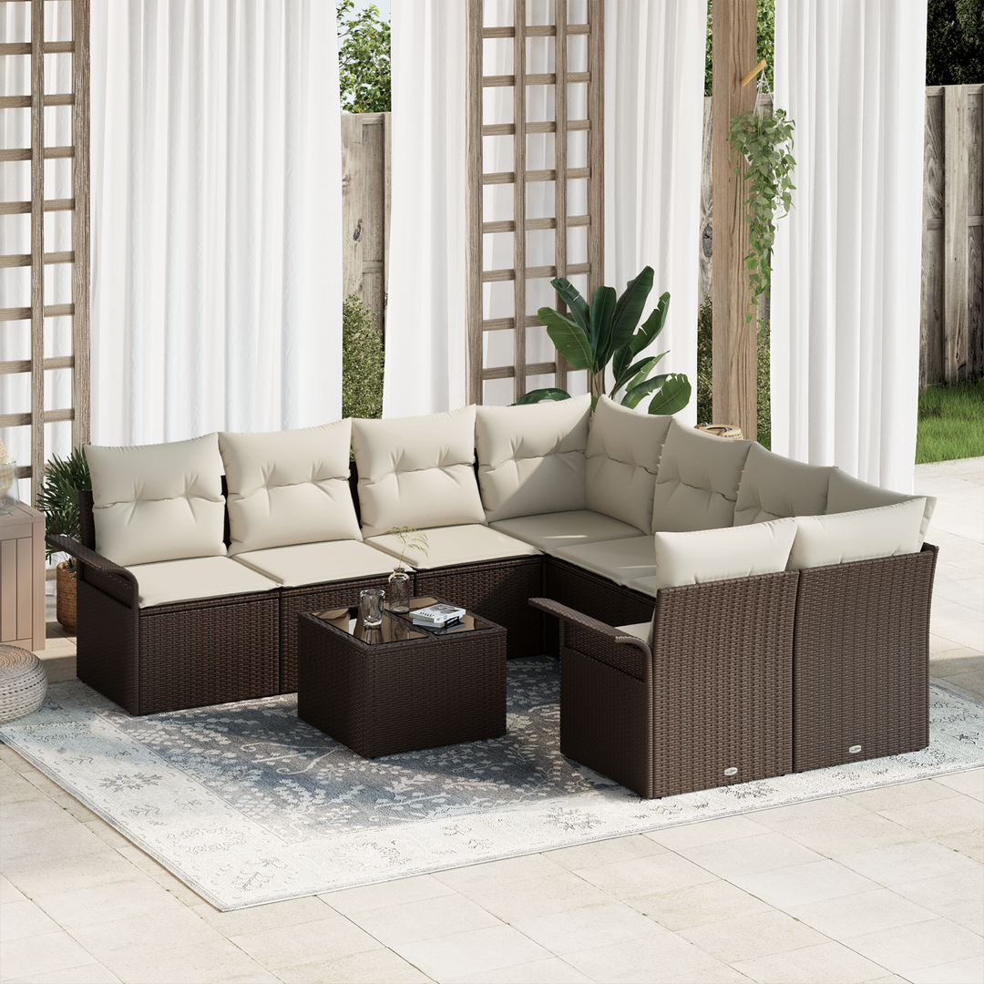 Havesofa Sæt med pude 9 pcs Brun og Creme polyrattan