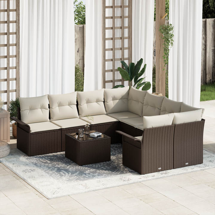Havesofa Sæt med pude 9 pcs Brun og Creme polyrattan