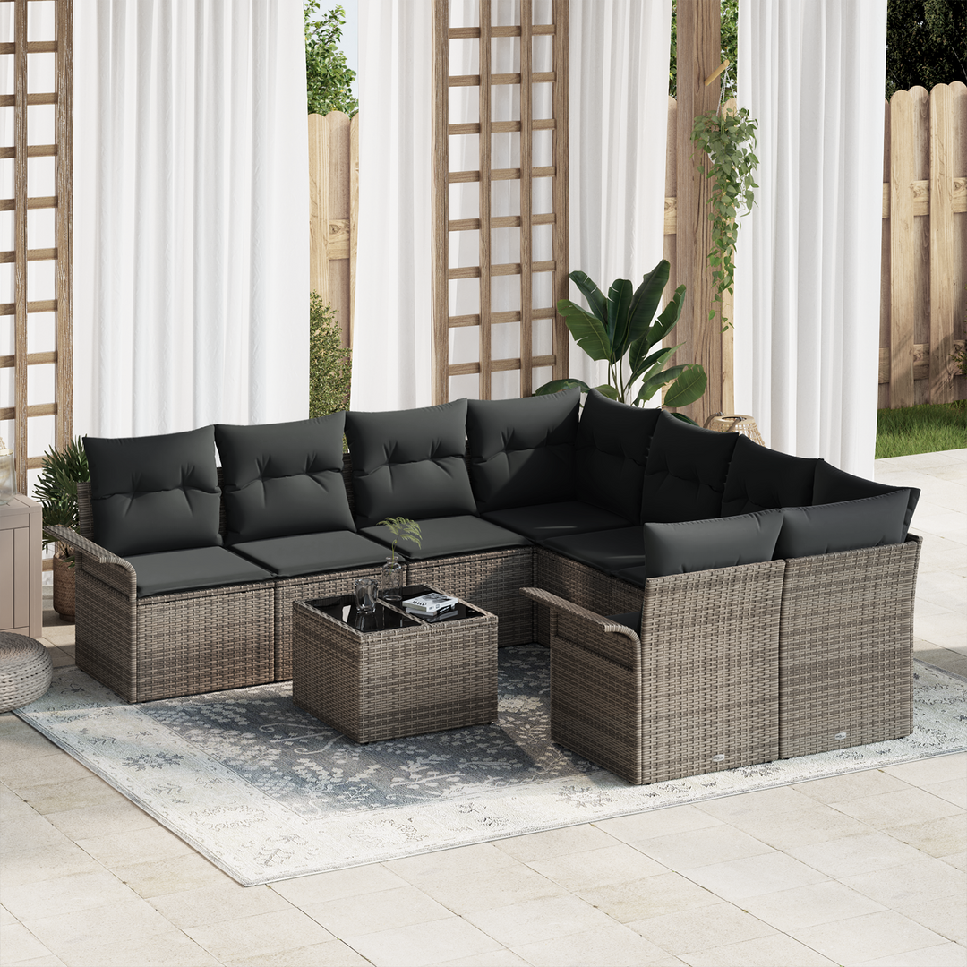Havesofa Sæt med pude med opbevaring 9 pcs Grå polyrattan