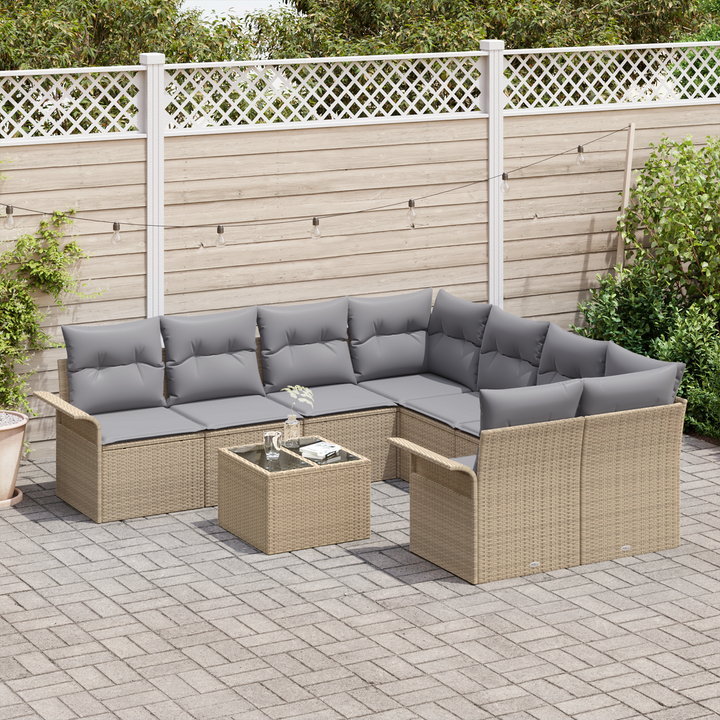 Havesofa Sæt med pude 9 pcs Beige og grå polyrattan