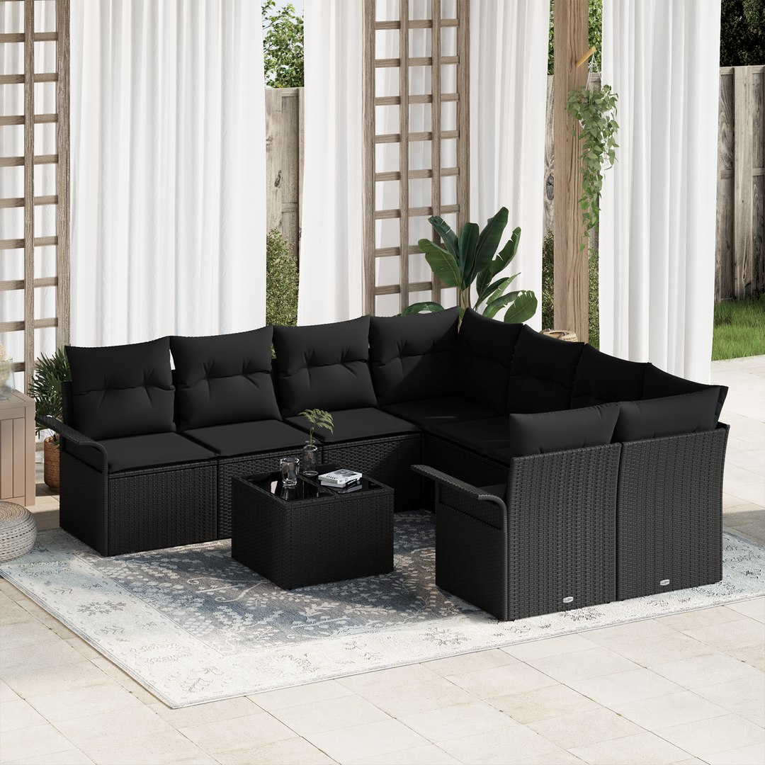 Havesofa Sæt med pude med opbevaring 9 pcs Sort polyrattan
