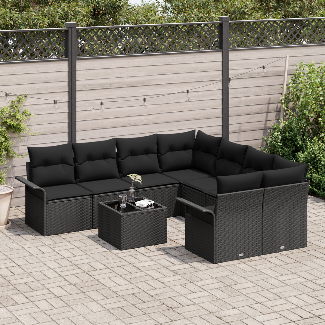 Havesofa Sæt med pude med opbevaring 9 pcs Sort polyrattan