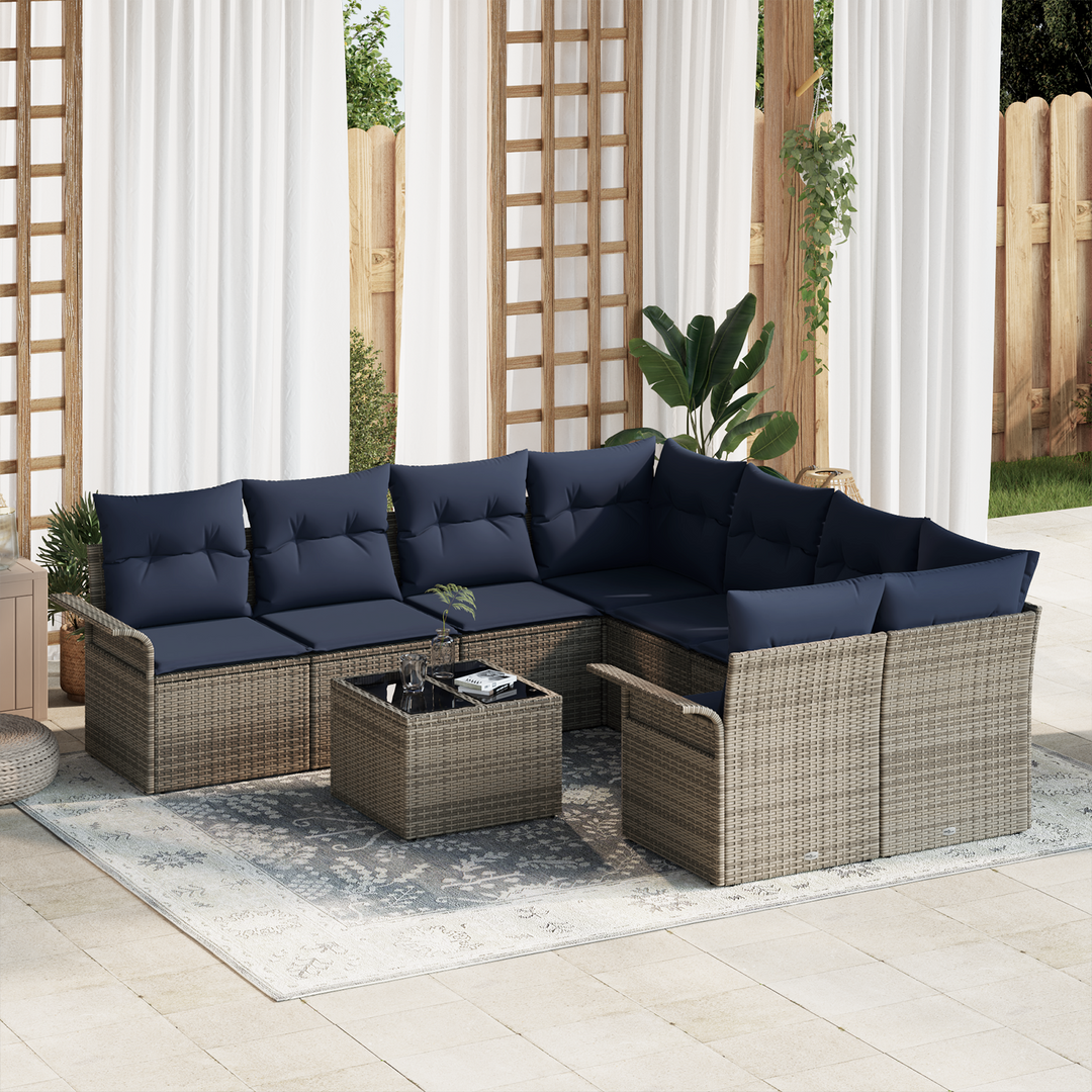 Havesofa Sæt med pude 9 pcs Grå og Marineblå polyrattan