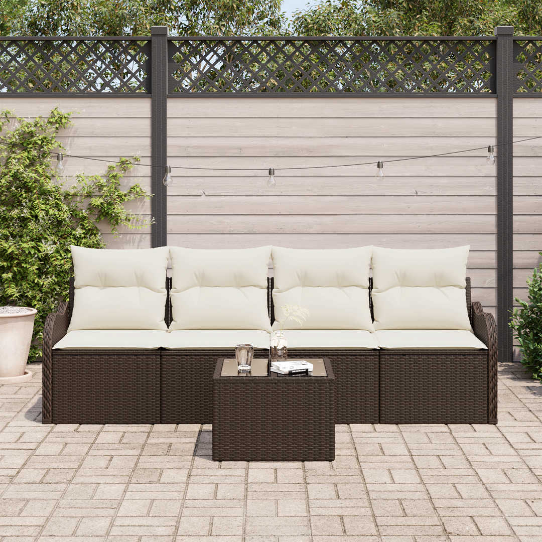 Havesofa Sæt 5 pcs Brun og Creme Polyrattan og stål og glas
