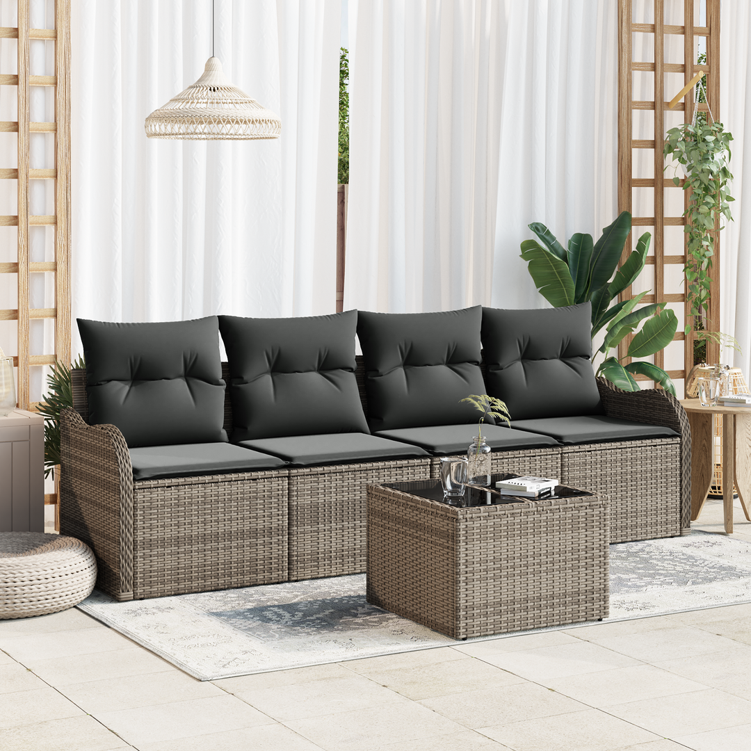 Havesofa Sæt med pude 5 pcs Grå Polyrattan og stål og glas