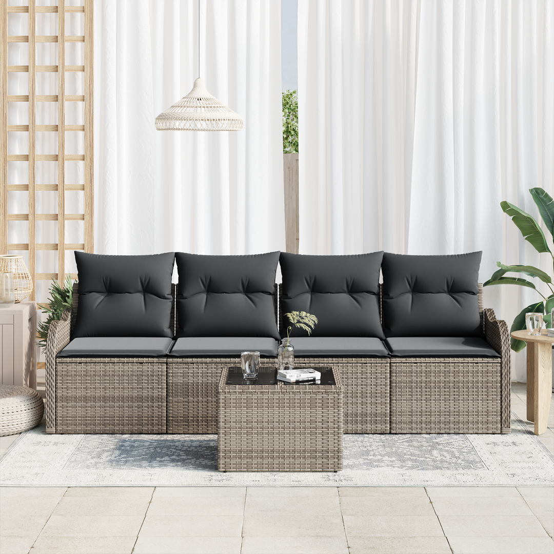 Havesofa Sæt med pude 5 pcs Grå Polyrattan og stål og glas