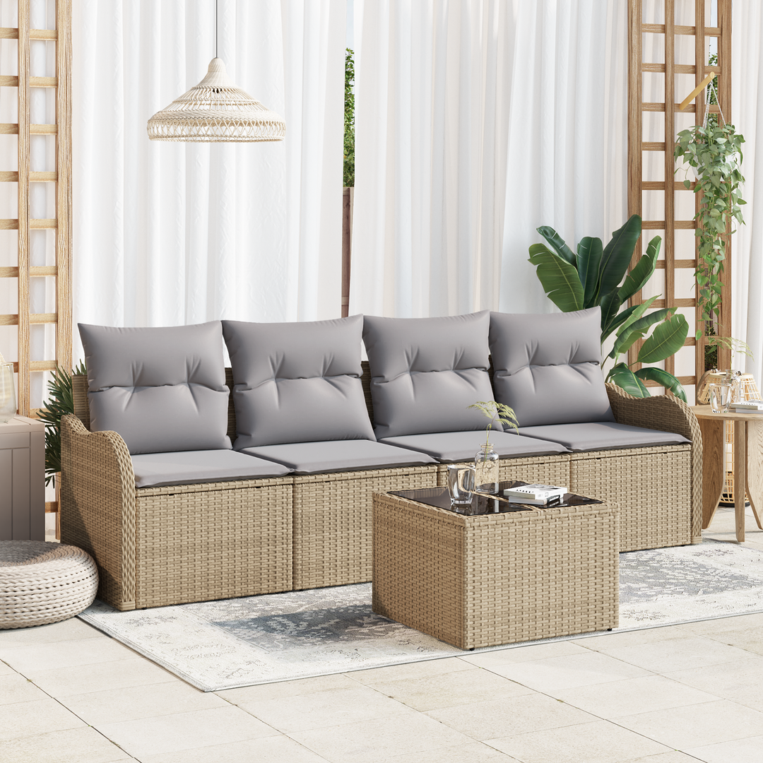 Havesofa Sæt 5 pcs Beige og grå Polyrattan og stål og glas