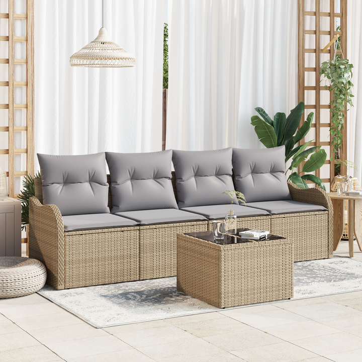 Havesofa Sæt 5 pcs Beige og grå Polyrattan og stål og glas