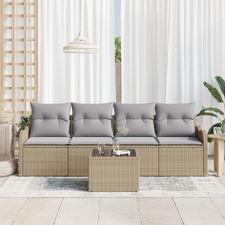 Havesofa Sæt 5 pcs Beige og grå Polyrattan og stål og glas