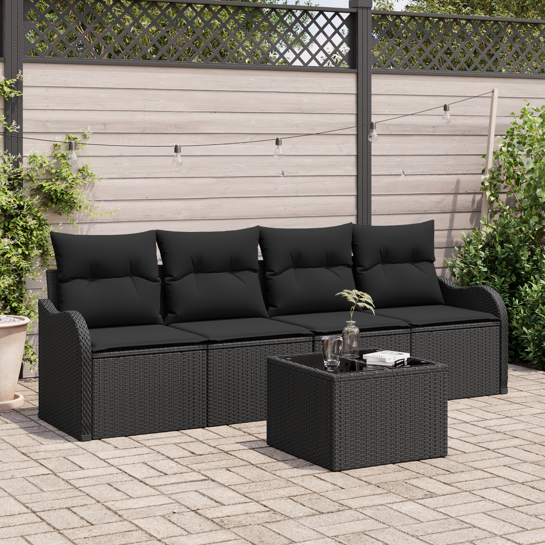 Havesofa Sæt med opbevaring med pude 5 pcs Sort polyrattan