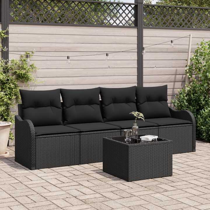 Havesofa Sæt med opbevaring med pude 5 pcs Sort polyrattan
