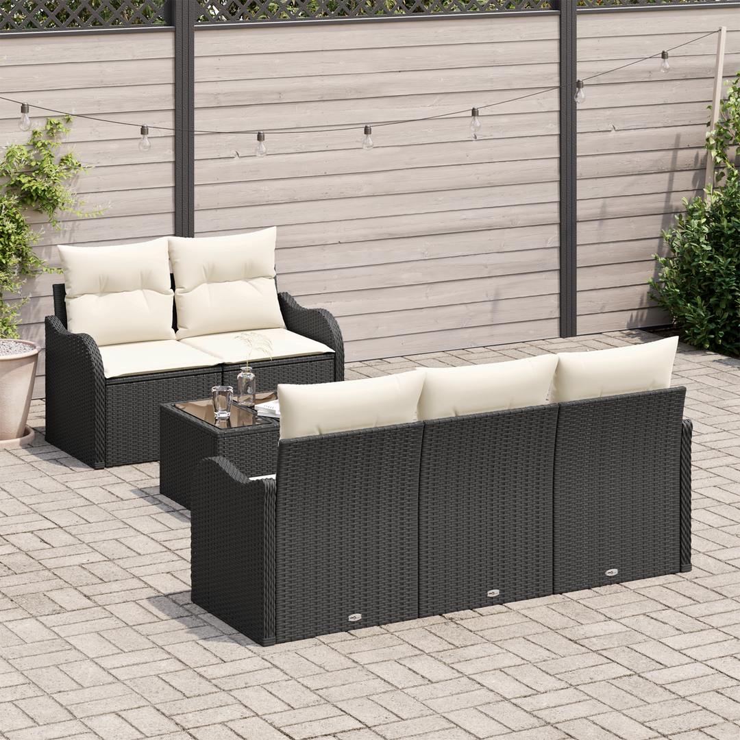 Havesofa Sæt 6 pcs Sort og Cream Polyrattan og stål og glas